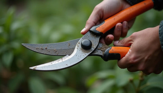 Close-up of hands holding orange-handled garden pruning shears with soil on the blades, set against a blurred green garden background