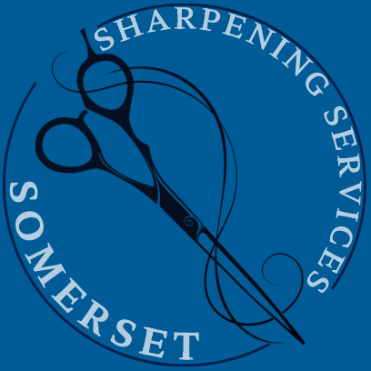 Logo of 'Sharpening Services Somerset' with scissors on a blue background