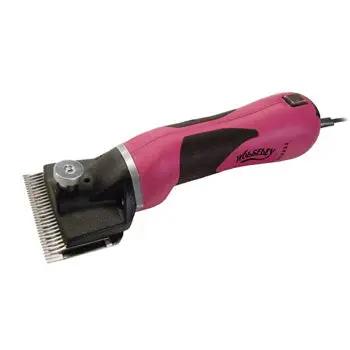 Pink and black grooming clipper on a white background