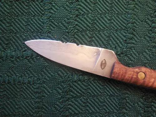 Knife blade with damage on the bevel with green background.