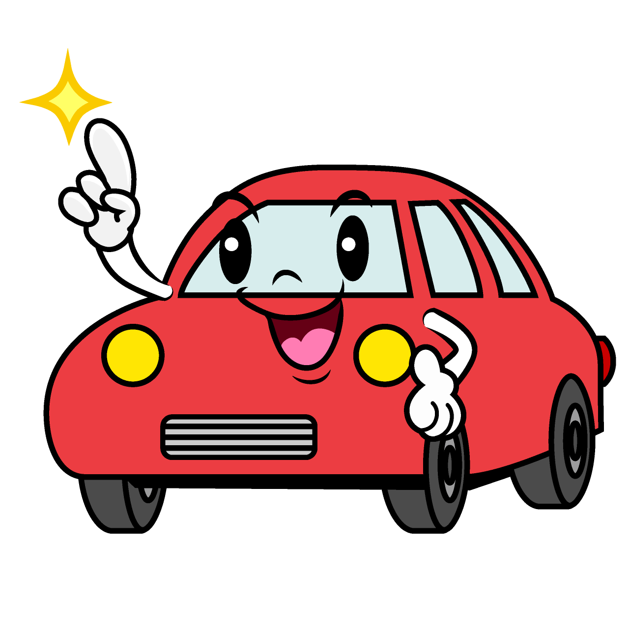 Cartoon red car with a happy expression and raised paw on a white background