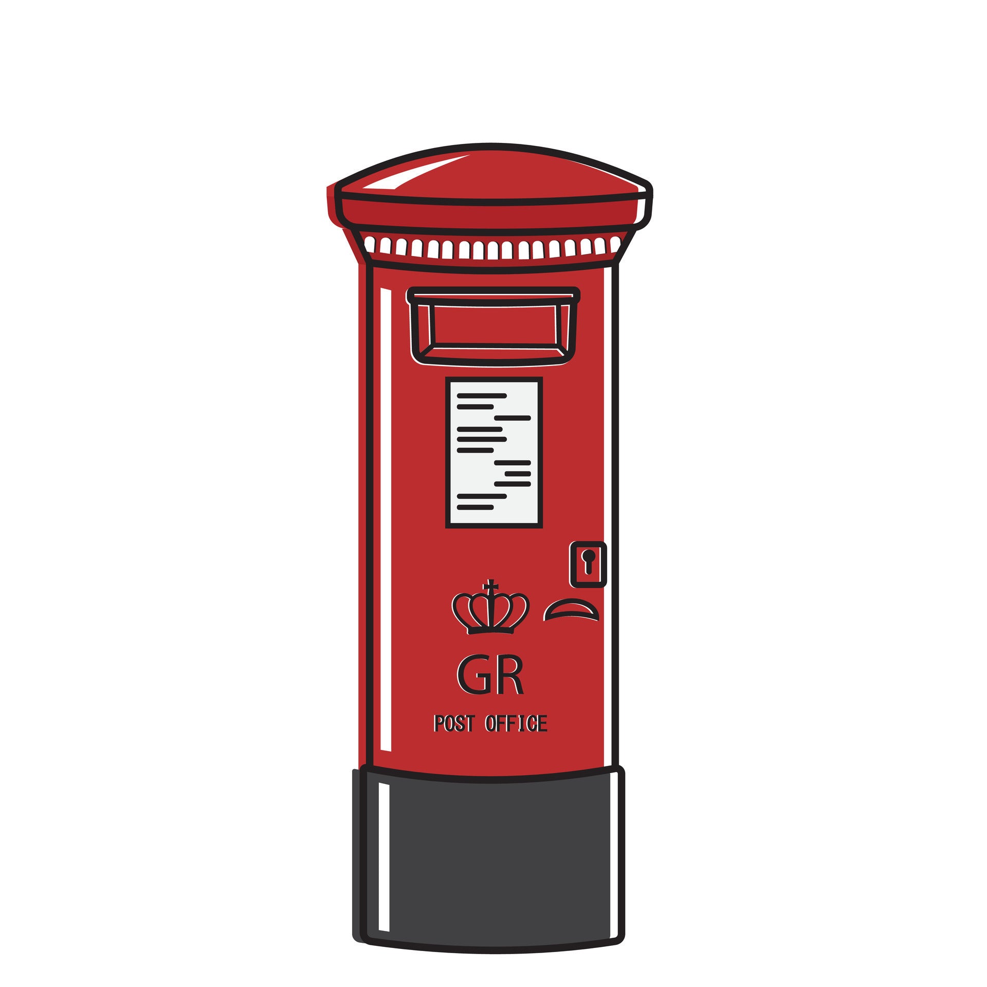 Red British postbox with 'GR' on a white background