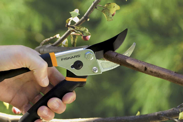 Person using Fiskars pruning shears on a branch with a blurred green background